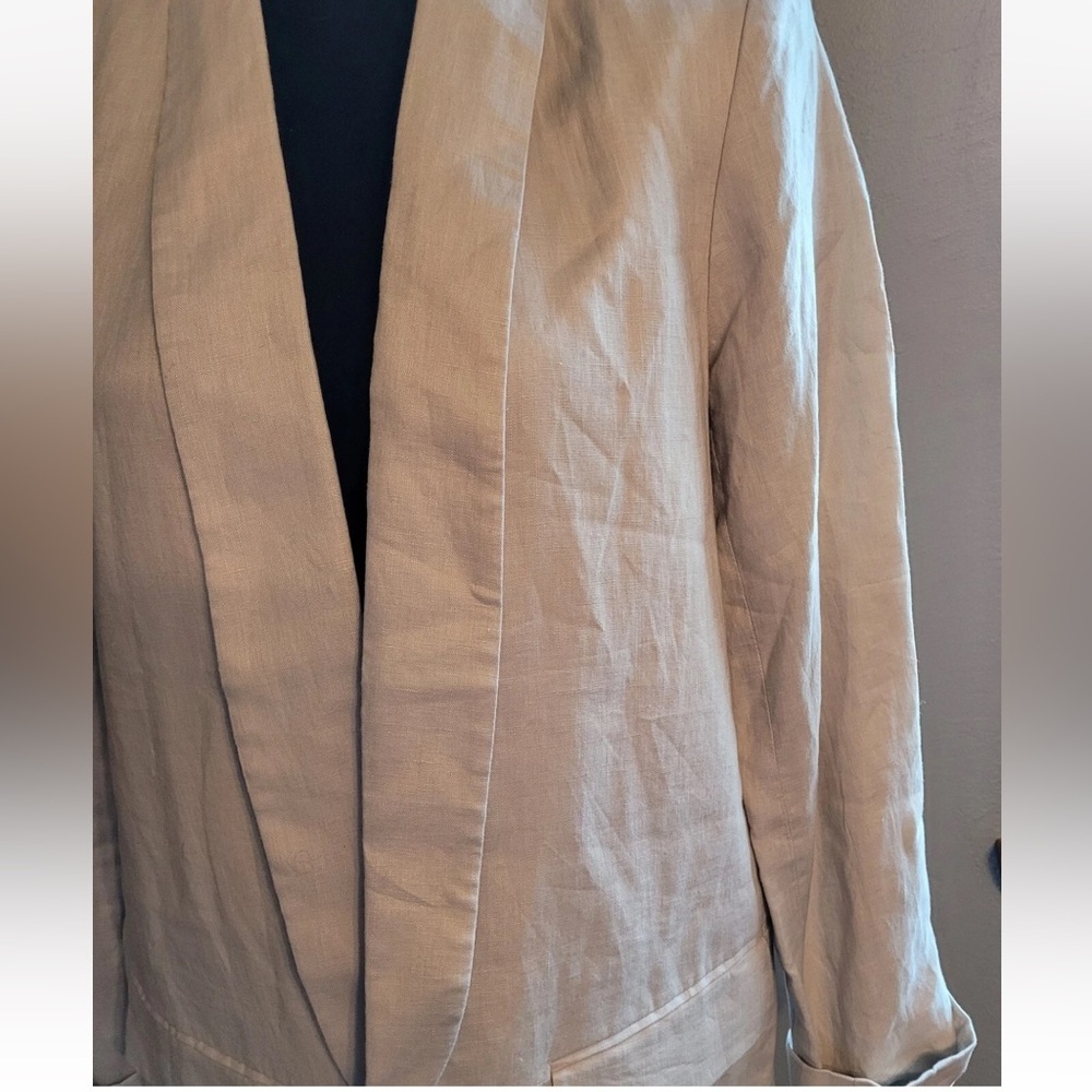 Catherine Malandrino 100% Linen Blazer Beige Open Front Fully Lined Size 14 - Picture 11 of 12